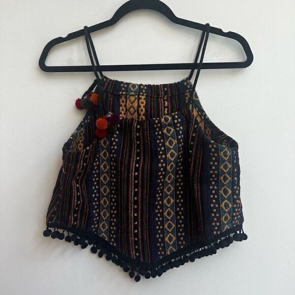Women's Aztec Print Knitted Pompom Hem Accent Crop Top Green Size S - Picture 1 of 6